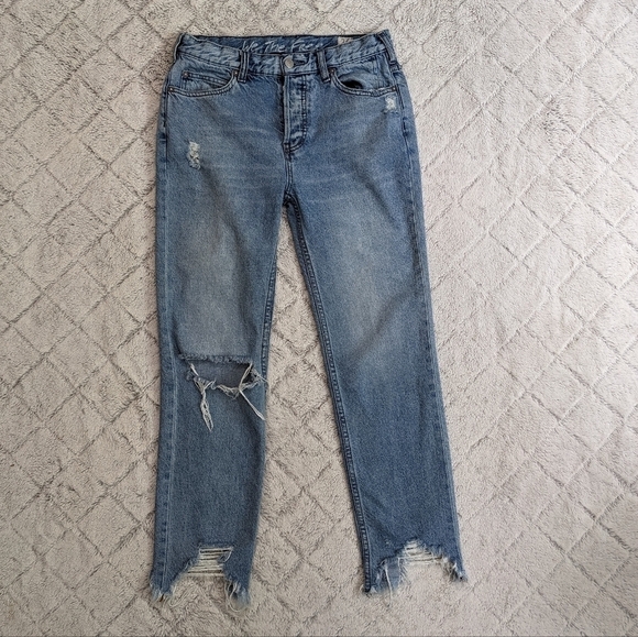 We The Free Denim - We The Free People Chewed Up Mid Rise Straight Jeans Women's 26 Indigo Blue